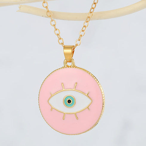 Gold Tone Pink  Eye Pendant Necklace N33