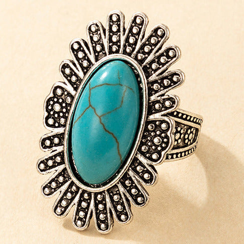 Silver Tone Boho Style Turquoise Oval Size S  Ring R15