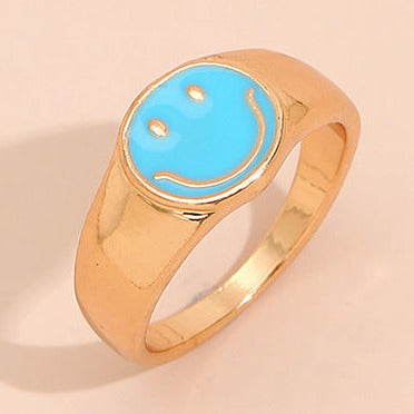 Gold Tone Blue Smiley Face Size O/P Ring R37