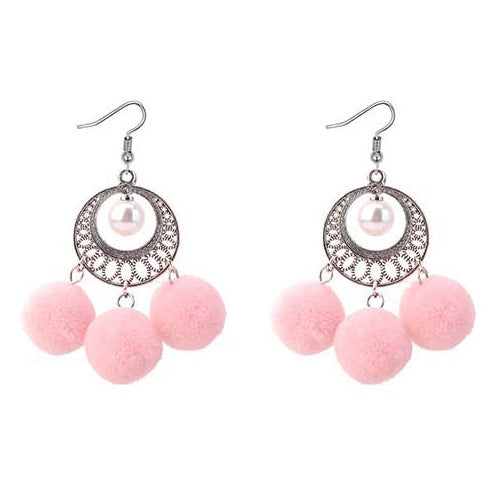 Silver Tone Boho Style Baby Pink Pom Pom Earrings E19
