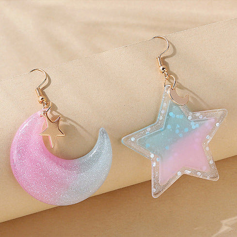 Gold Tone Acrylic Glitter Pastel Star/Moon Large Earrings E13
