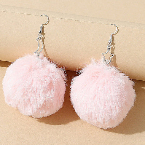 Large Pink Fluffy Ball Star/Moon Silver Tone Earrings E118