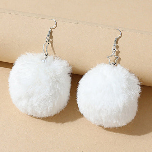 Large White Fluffy Ball Star/Moon Silver Tone Earrings E119