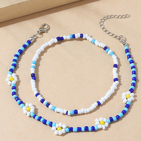 Rice Bead Blue/White Double Anklet A12