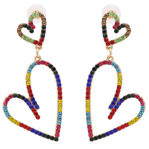 Gold Tone Multicolour Large Hollow Diamante Heart Earrings E128