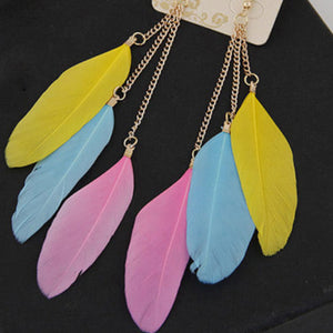 Gold Tone Long Feather Tassel Pastel Earrings