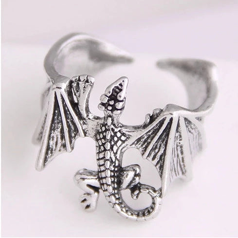 Silver Tone Flying Dragon Adjustable Ring R12