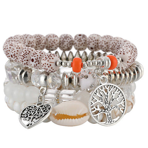 Silver Tone & White bead Tree Of Life 4 Layer Bracelet B2