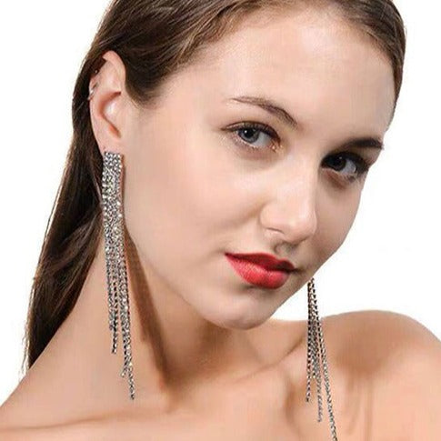 Silver Tone Long Diamante Tassel Party Earrings E212