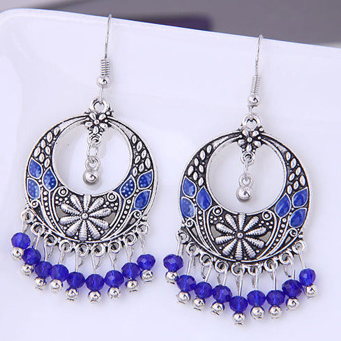 Silver Tone Boho Navy Blue Fringe Bead Earrings E45