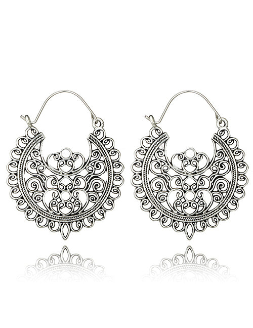 Silver Tone Boho Style Openwork Round  C Clasp Earrings E78