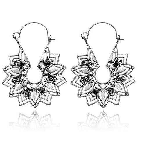 Silver Tone Mandala Style C Clasp Openwork Earring E79