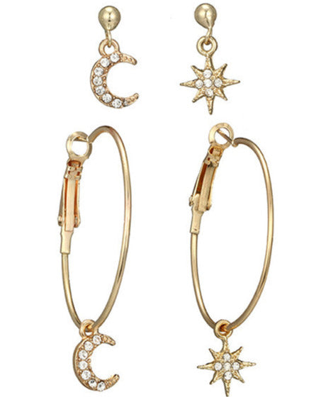 Pack of 2 Gold Tone Hoop & Stud Moon & Star Earrings