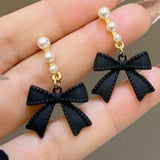 Gold Tone Alloy Black Bow Pearl Stud Earrings E214