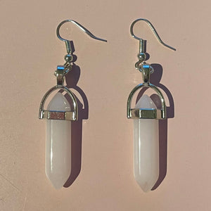 Silver Tone Rose Quartz Crystal Pendant Style Earrings E31