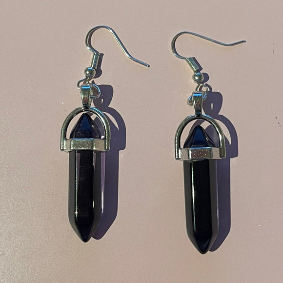 Silver Tone Amethyst Crystal Pendant Style Earrings E31