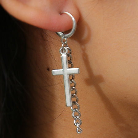 Silver Tone Cross & Chain Earrings E84