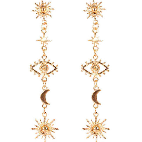 Gold Tone 9cm Long Eye/Moon Earrings E124