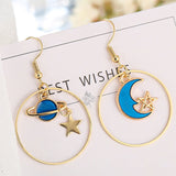 Gold Tone Blue Moon/Planet Hollow Hoop Earrings E140