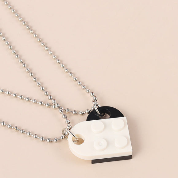 Silver Tone Double Friendship Black/White Heart Lego Necklaces N27