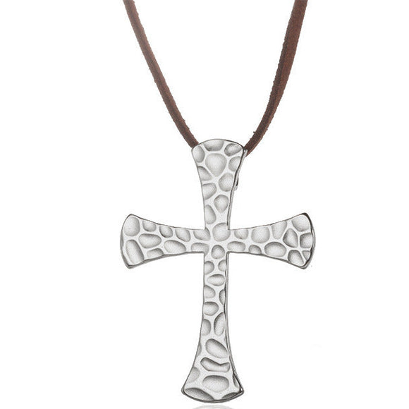 Silver Metal Cross on Brown Suede Cord N51