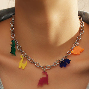 Silver Tone Resin Colour Dinosaurs Necklace N7