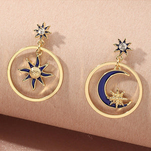 Gold Tone & Navy Star & Moon Stud Earrings E83