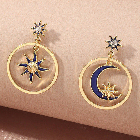 Gold Tone & Navy Star & Moon Stud Earrings E83
