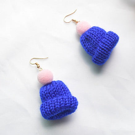 Royal Blue Knitted Wool Hat Earrings E176