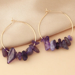 Gold Tone Amethyst Gem Chip Hoop Earrings E202