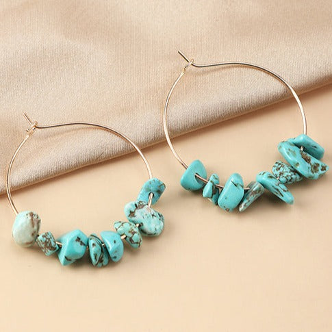 Gold Tone Blue Howlite Gem Chip Hoop Earrings E204