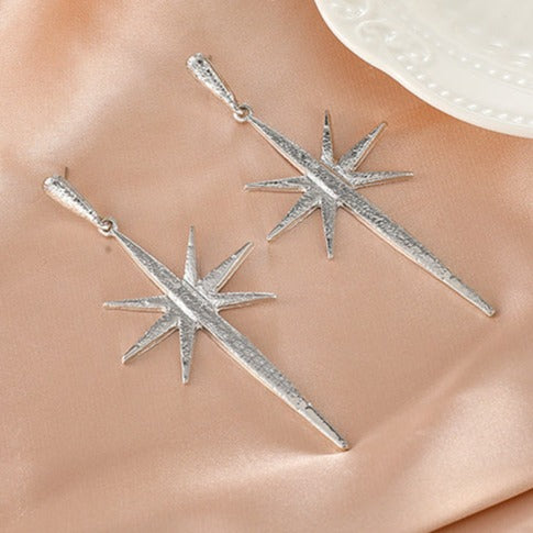 Silver Tone Long Star Stud Earrings E194
