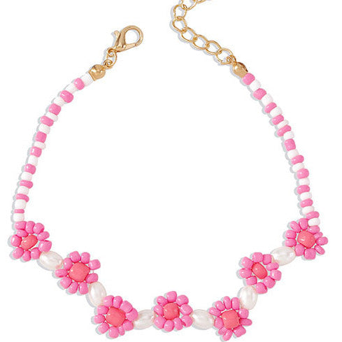 Rice Bead Pink/White Large Flower Anklet A6 (Fits up to 30cm width) A3