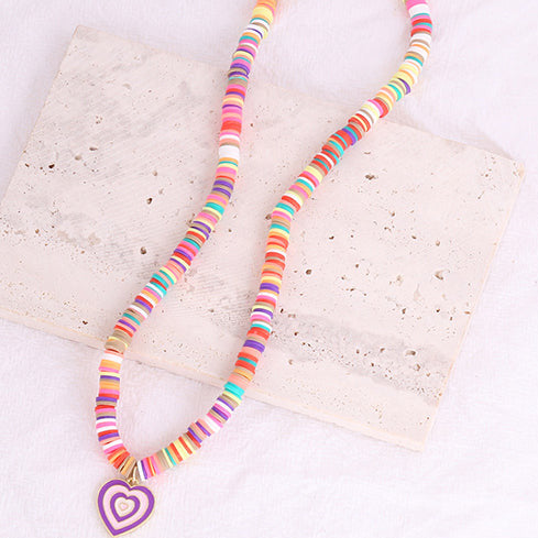 Clay Disc & Purple Enamel Heart Y2K Necklace N36