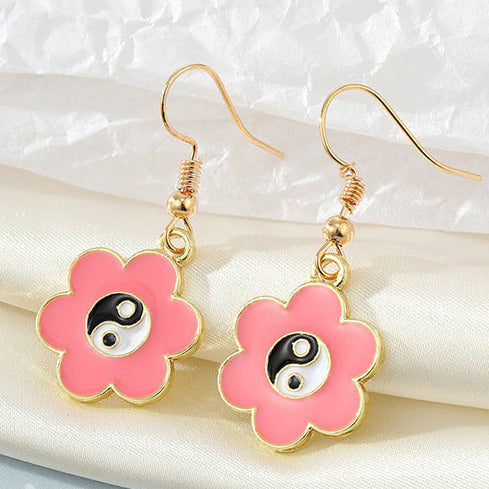 Gold Tone Pink Flower Ying Yang Earrings E116