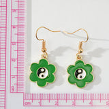 Gold Tone Green Flower Ying Yang Earrings E116
