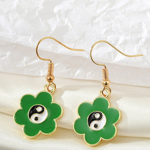 Gold Tone Green Flower Ying Yang Earrings E116