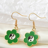 Gold Tone Green Flower Ying Yang Earrings E116