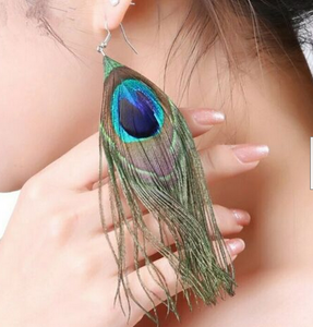 Silver Tone Long Peacock Feather Earrings E27