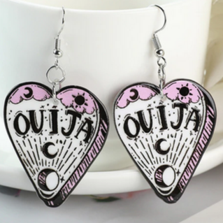 Resin Large White/Pink Ouija Heart Earrings E149