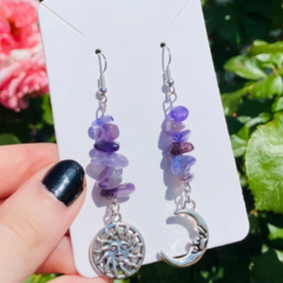 Silver Tone Amethyst Stone Sun/Moon Earrings E153