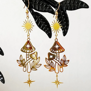 Gold Tone Mushroom & Sun Earrings E155