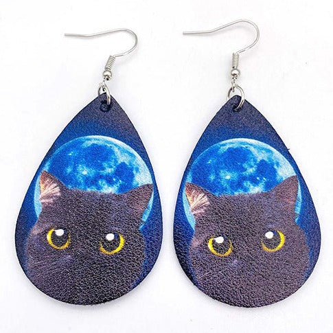 Cat Print Faux Leather Earrings E216