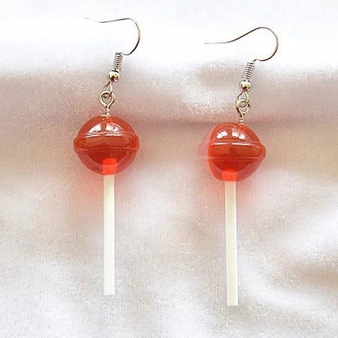 Silver Tone Resin Red Lollipop Earrings E34