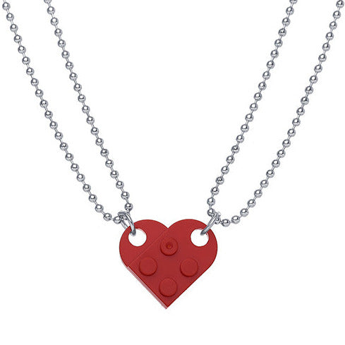 Silver Tone Double Friendship Deep Red Heart Lego Necklaces N27