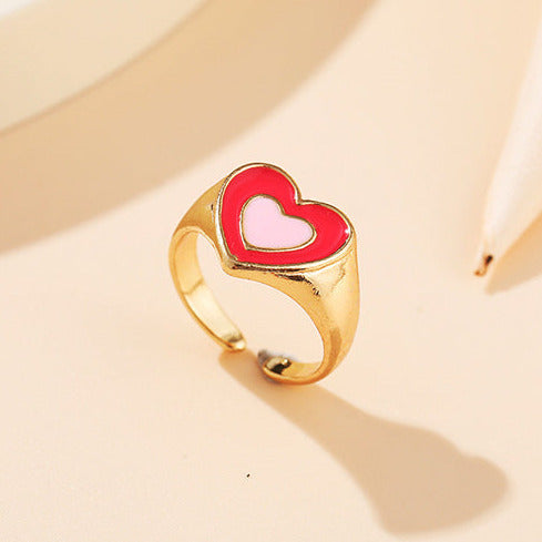 Gold Tone Red/Pink Heart Y2K Adjustable Ring R10