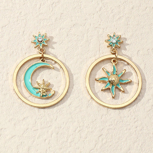 Gold Tone & Turquoise Star & Moon Stud Earrings E83