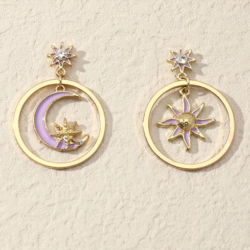 Gold Tone & Lilac Star & Moon Stud Earrings E83