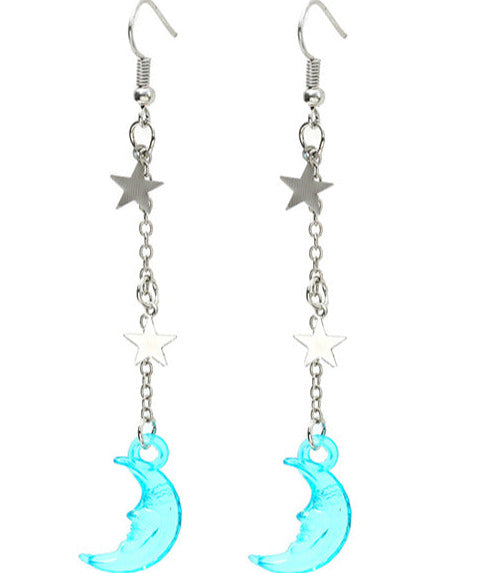 Silver Tone Resin Blue Moon & Star Earrings E63