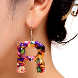 Gold Tone Large Acrylic Letter 'R' Colour Earrings E127